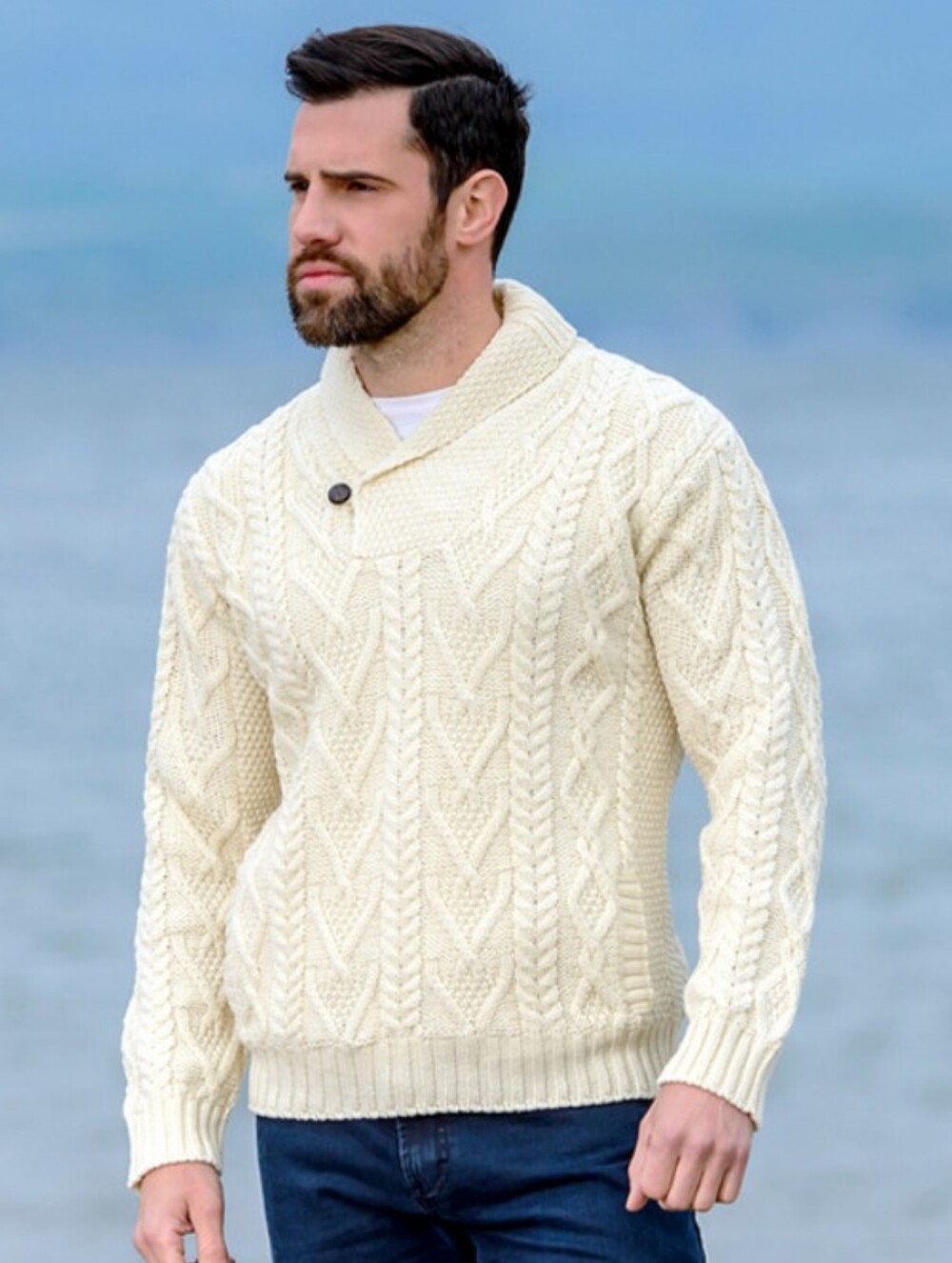 Aran Sweater Market Shawl Collar Cable Knit Sweater - Cream 100% Merino Wool